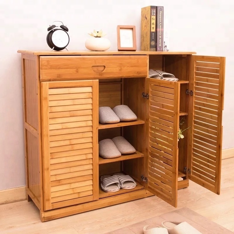 Adjustable shelf closed shoe rack slim bucket shoe cabinet with hidden shoe changing stool