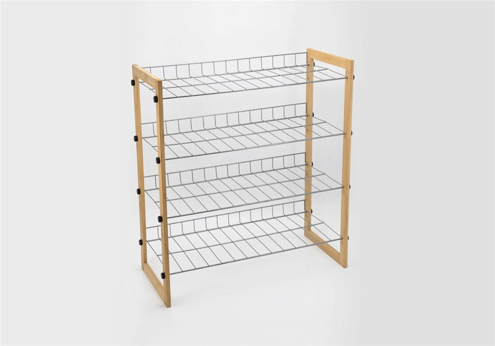 Cnlf 4-Layer Detachable Shoe Rack with Natural Bamboo Frame Silver Gray Powder Coating Iron Metal Wire Living Room Kitchen Mall