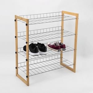 Cnlf 4-Layer Detachable Shoe Rack with Natural Bamboo Frame Silver Gray Powder Coating Iron Metal Wire Living Room Kitchen Mall