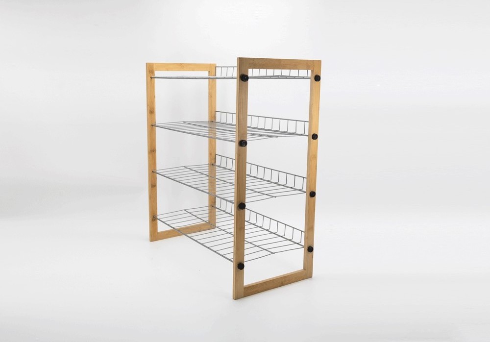 Cnlf 4-Layer Detachable Shoe Rack with Natural Bamboo Frame Silver Gray Powder Coating Iron Metal Wire Living Room Kitchen Mall