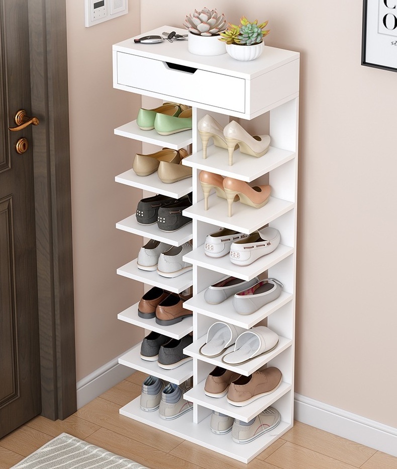 Modern wooden shoe rack multi-layer simple cheap shoe storage cabinet for home, double-sided shoes shelf with drawer on top CNLF