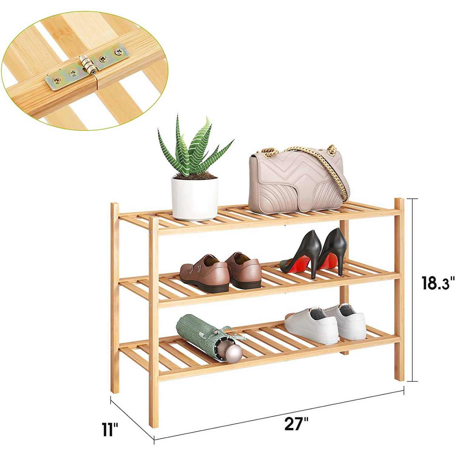 Combohome 3 Tier Multifunctional Folding Bamboo Shoe Rack Shoe Storage Stand