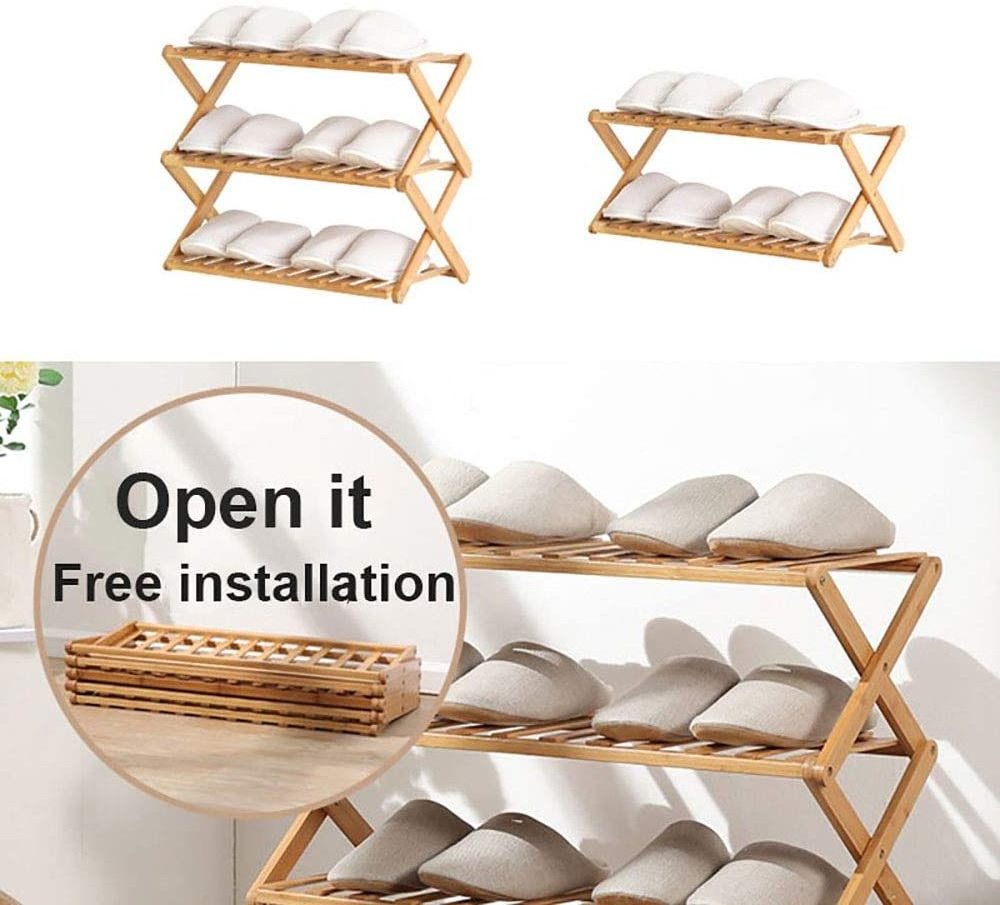 Combohome 3 Tier Multifunctional Folding Bamboo Shoe Rack Shoe Storage Stand