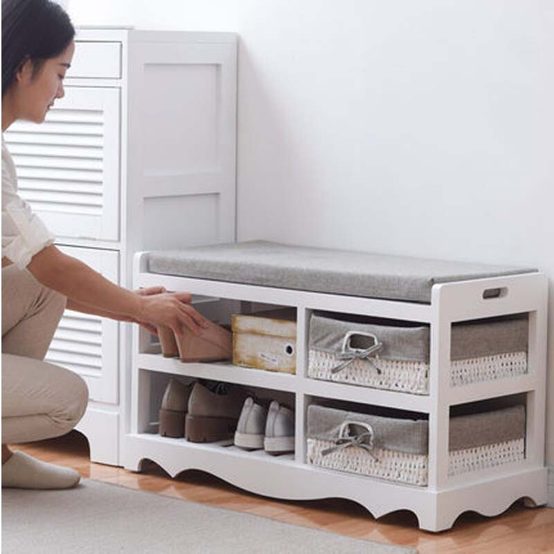 2 Tier Wooden White Shoe Storage Shoe Cabinet Bench Shoes Rack with Padded Seat and 2 Storage Wicker Baskets