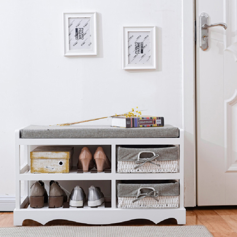 2 Tier Wooden White Shoe Storage Shoe Cabinet Bench Shoes Rack with Padded Seat and 2 Storage Wicker Baskets