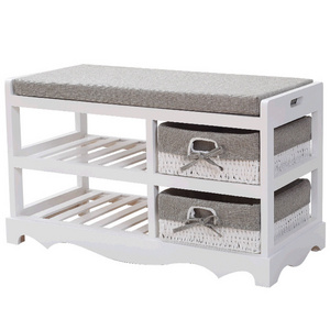 2 Tier Wooden White Shoe Storage Shoe Cabinet Bench Shoes Rack with Padded Seat and 2 Storage Wicker Baskets