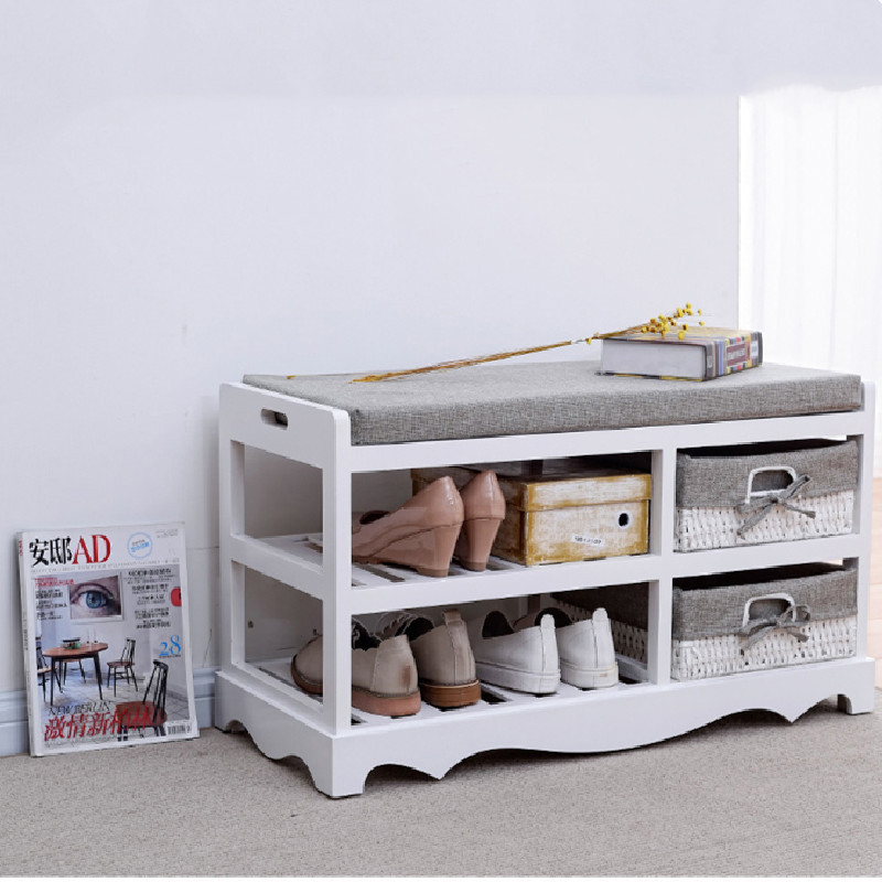 2 Tier Wooden White Shoe Storage Shoe Cabinet Bench Shoes Rack with Padded Seat and 2 Storage Wicker Baskets