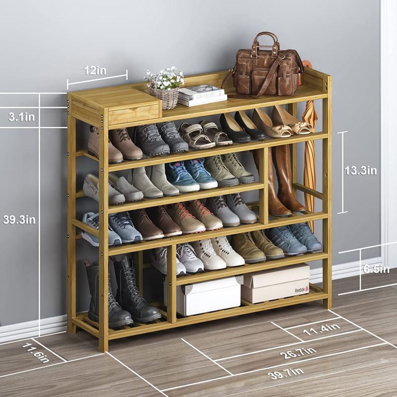 SOPEWOD 3-tier stable entry solid wooden shoe rack storage organizer with bamboo shoe rack bench