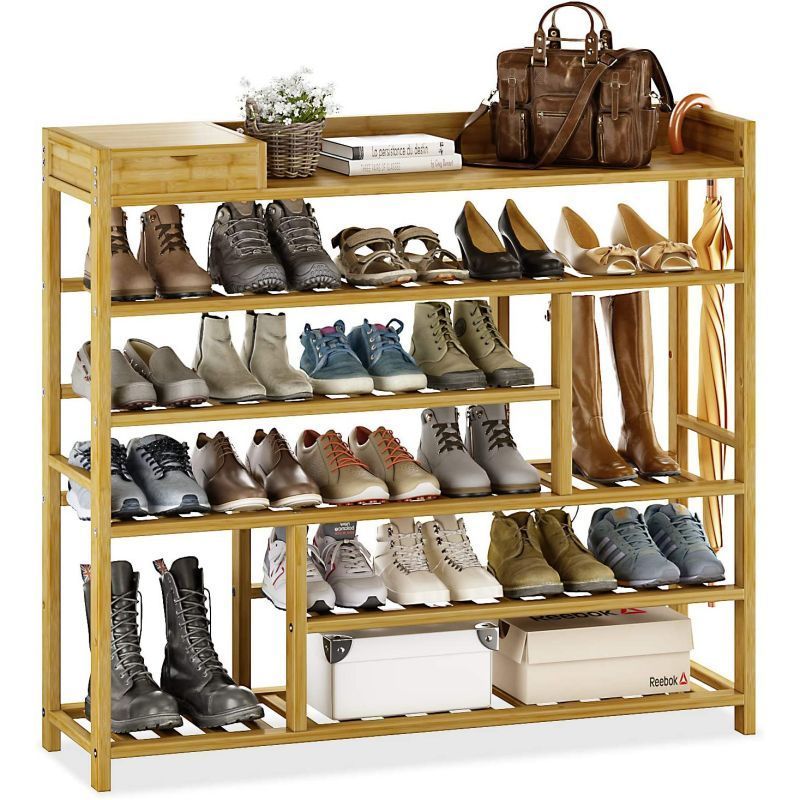 SOPEWOD 3-tier stable entry solid wooden shoe rack storage organizer with bamboo shoe rack bench