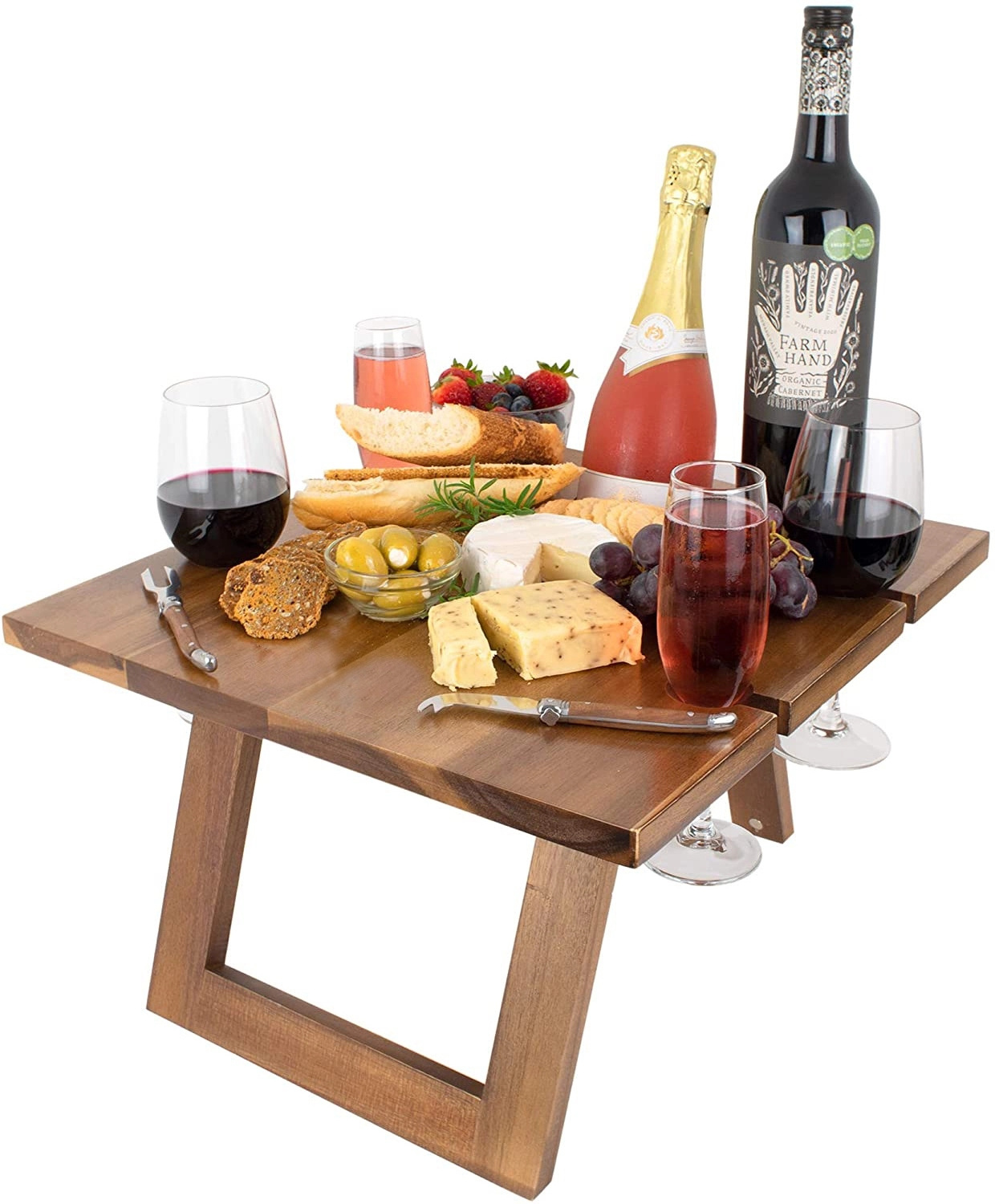 Portable Solid wood Wine and Snack Picnic Outdoors Table Mini Folding Rack Stand Wooden Round Camping Table