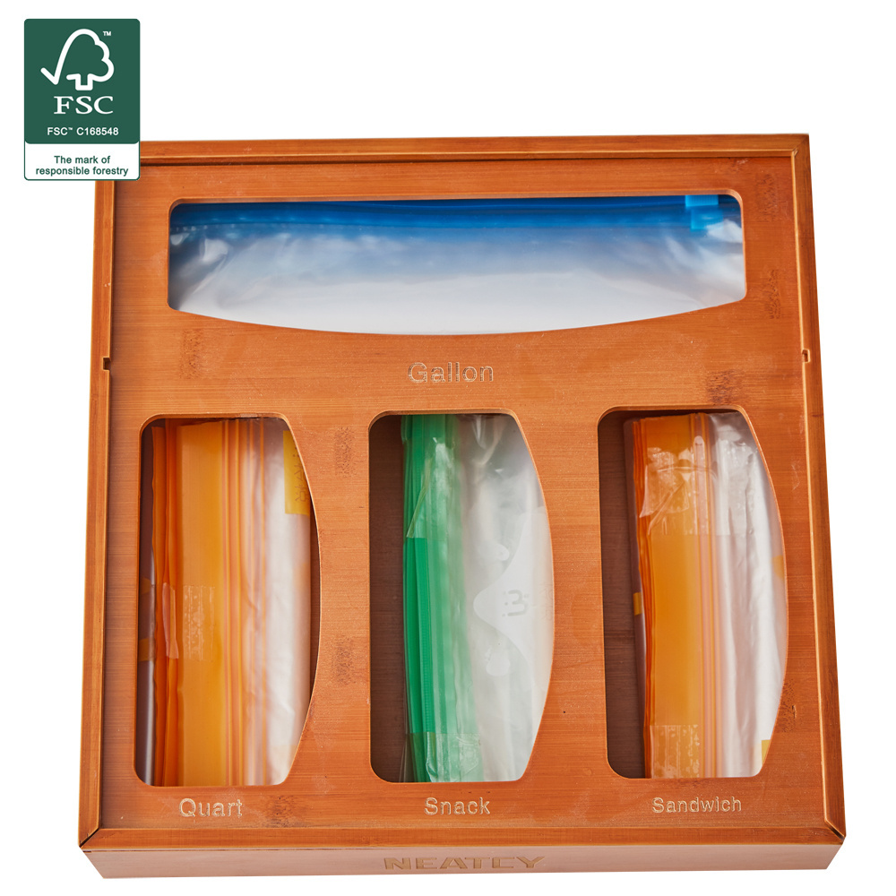 Modern Bamboo Ziplock Bag Dispenser Drawer Organizer Rectangle Kitchen Storage Holders for Various Sizes Injection Technics