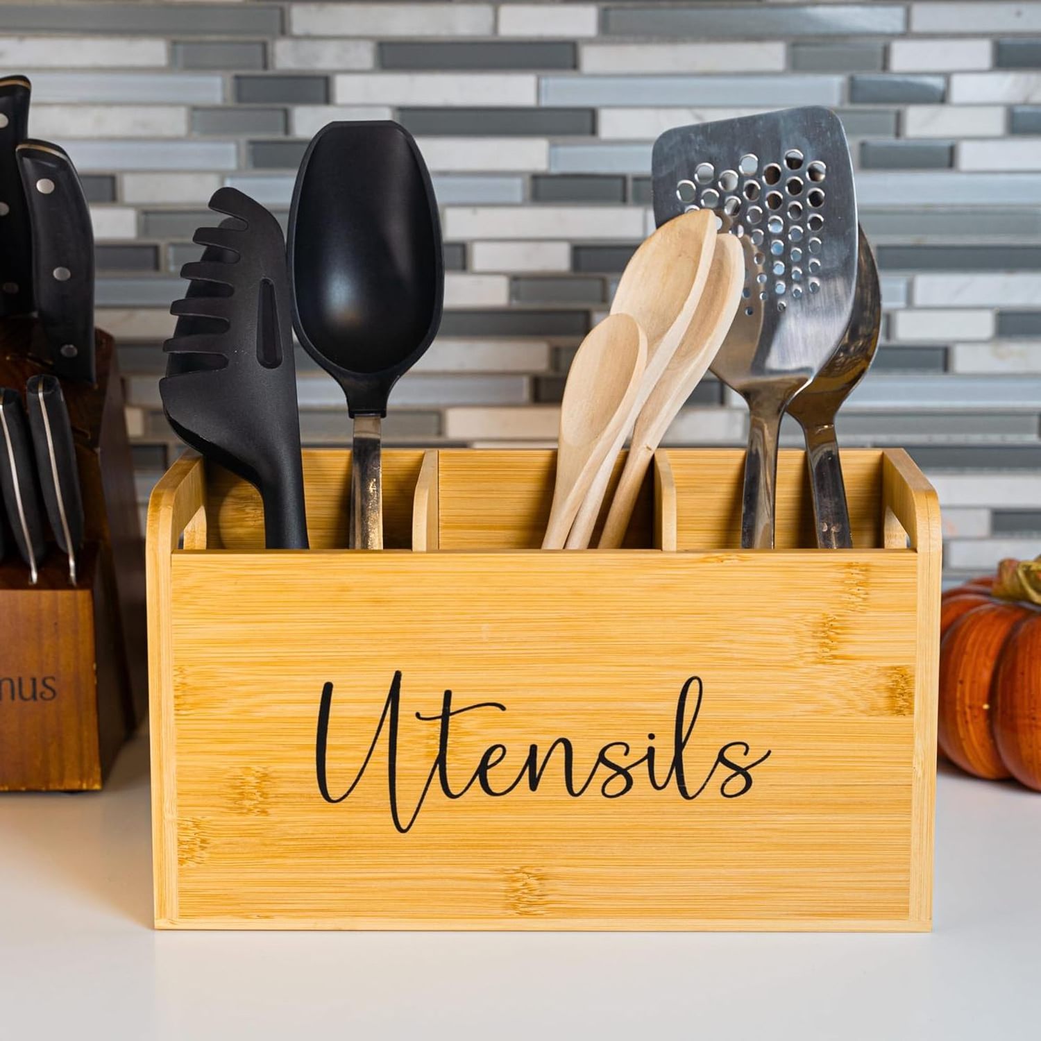 Bamboo Kitchen Utensil Holder Wooden Countertop Organizer