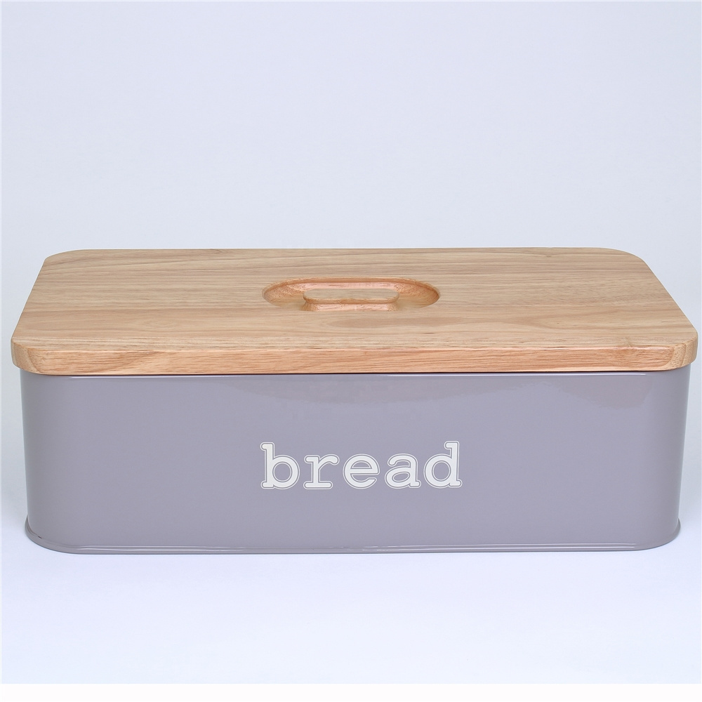 Vintage Metal Kitchen Storage Tin Canister Bread box With Bamboo Lid CNLF