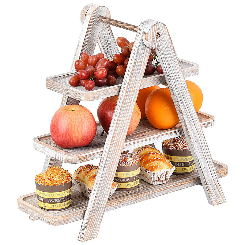 High Quality Retro Style Wooden 3 Tier Tray Storage Shelf Foldable Outdoor Picnic Storage Shelf Cake Dessert Food Storage Shelf