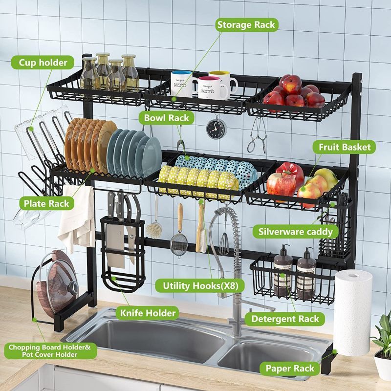 Drying Dish Rack Kitchen Shelf Drainer Dish Draining with Water Container Plate Rack Dish Storage Holders Stainless Steel Black