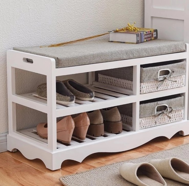 Wooden new simple storage shoe stool white door shoe rack solid wood shoe cabinet