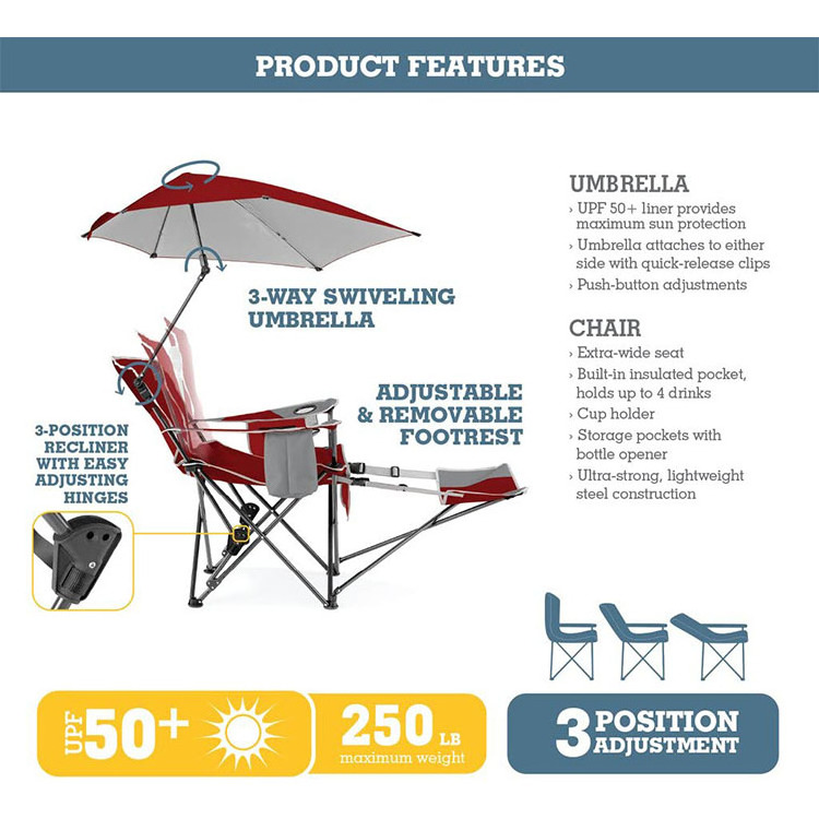 Umbrella Footrest Camping Picnic Beach Chair Foldable Outdoor Recliner  Fish Chair