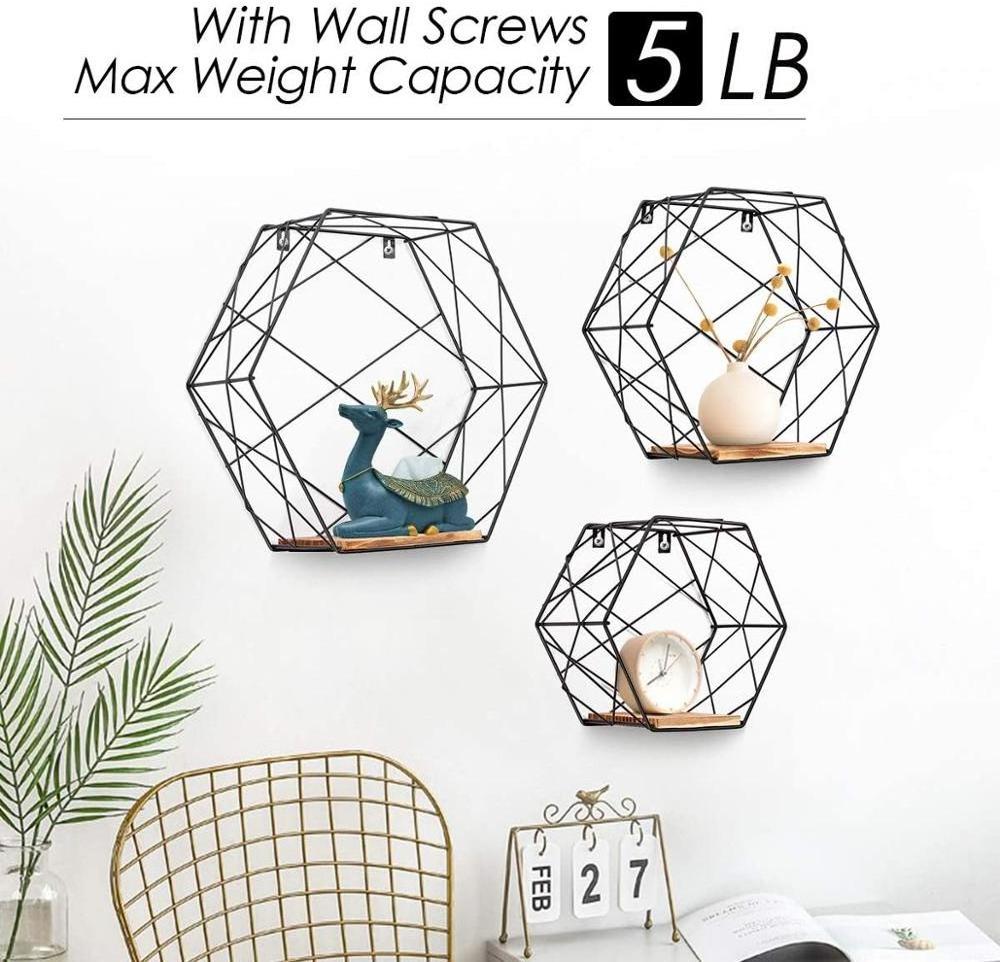 Wall-mounted hexagonal floating shelf storage rack three-piece set for wall, bedroom, living room, bathroom