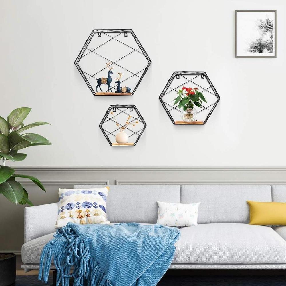 Wall-mounted hexagonal floating shelf storage rack three-piece set for wall, bedroom, living room, bathroom