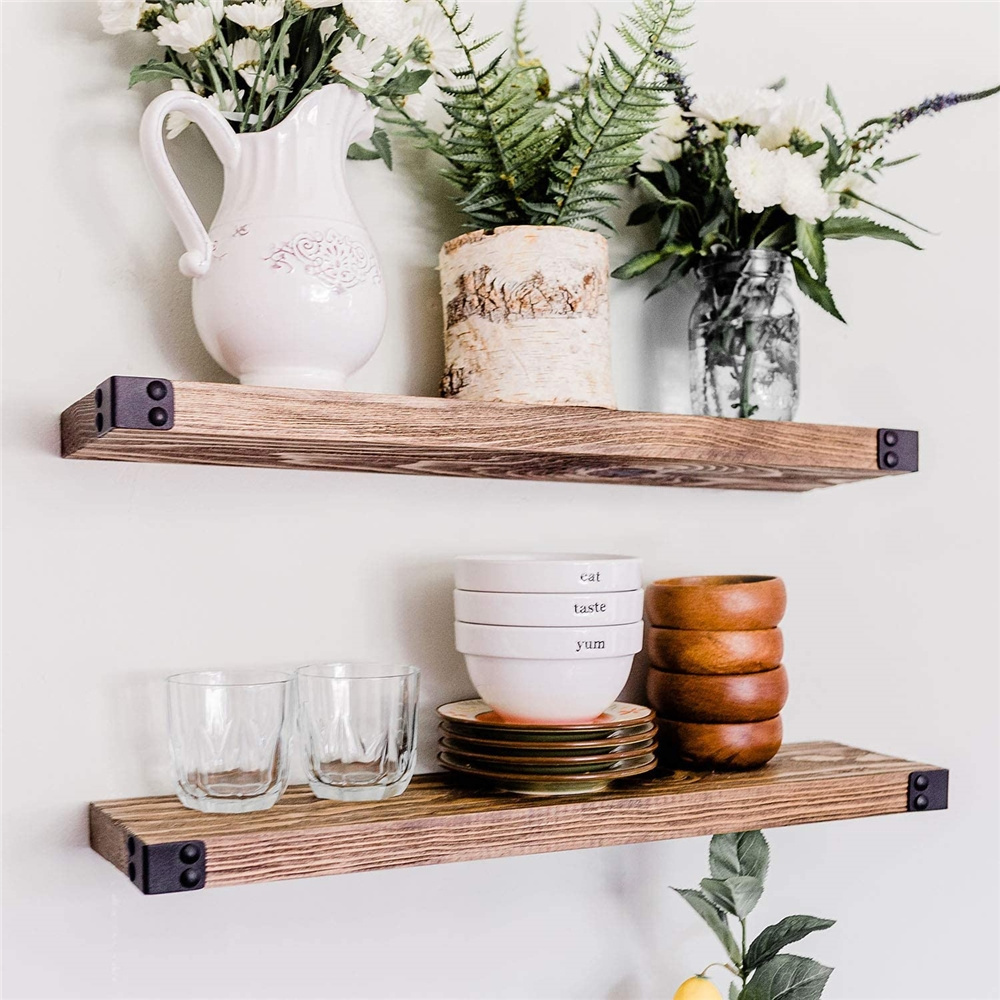 Floating Shelves Wall Mounted Modern Rustic Wall Wooden Shelves with Iron Corner Decor Home