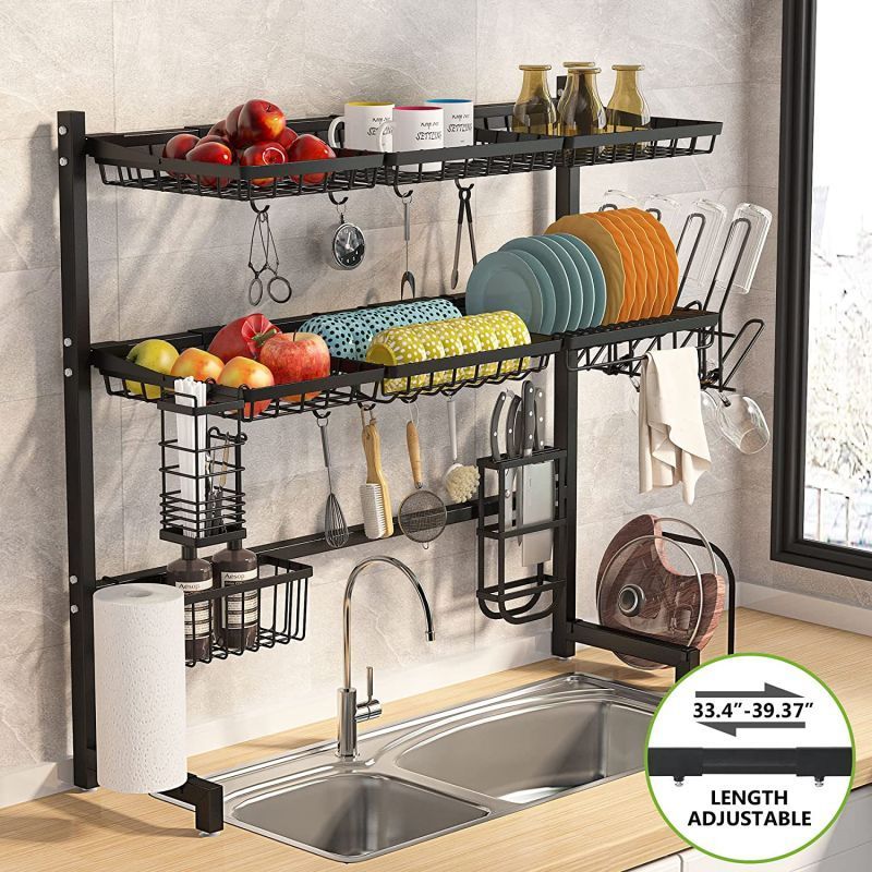 Drying Dish Rack Kitchen Shelf Drainer Dish Draining with Water Container Plate Rack Dish Storage Holders Stainless Steel Black