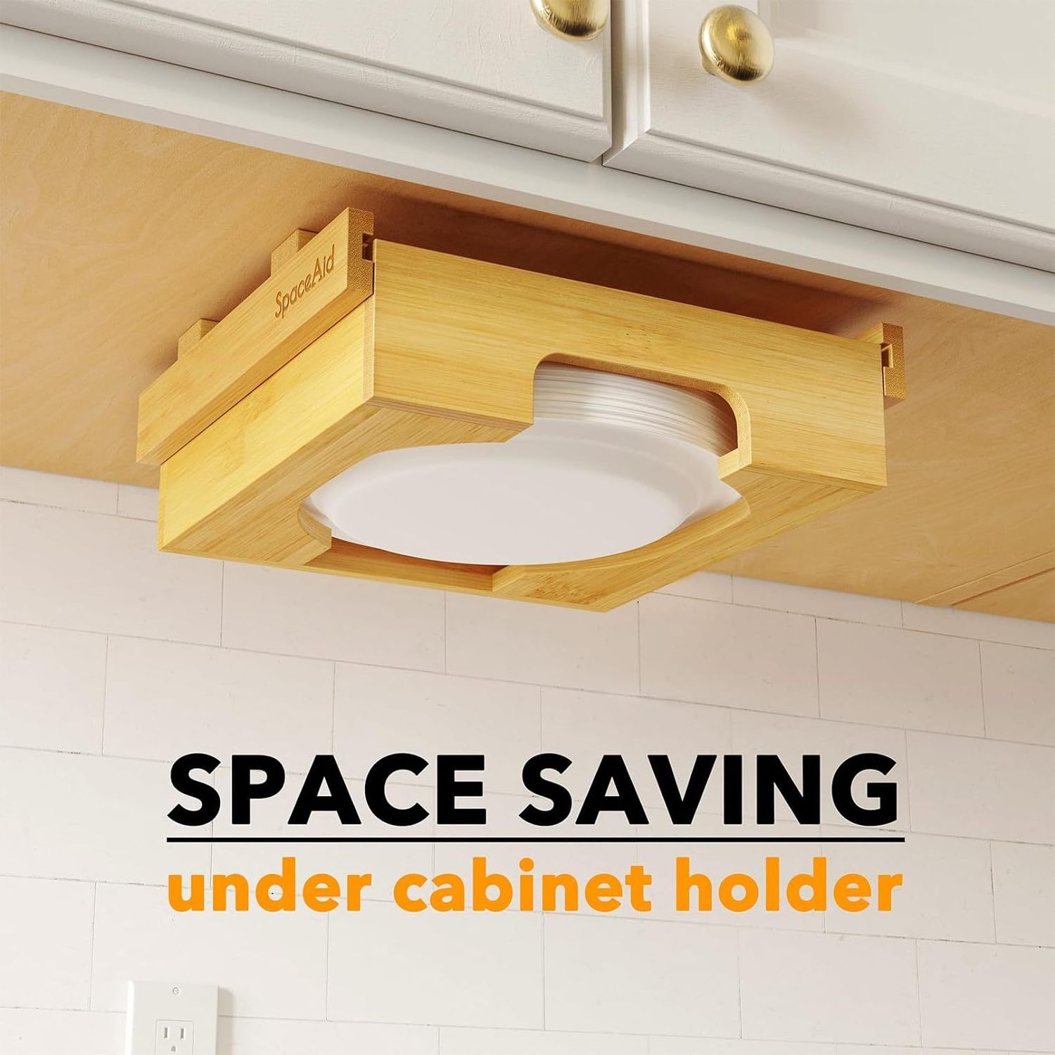 Kitchen Counter Vertical Paper Plate Dispenser Holders Under Cabinet Bamboo Wooden Plates Storage Organizer Rack