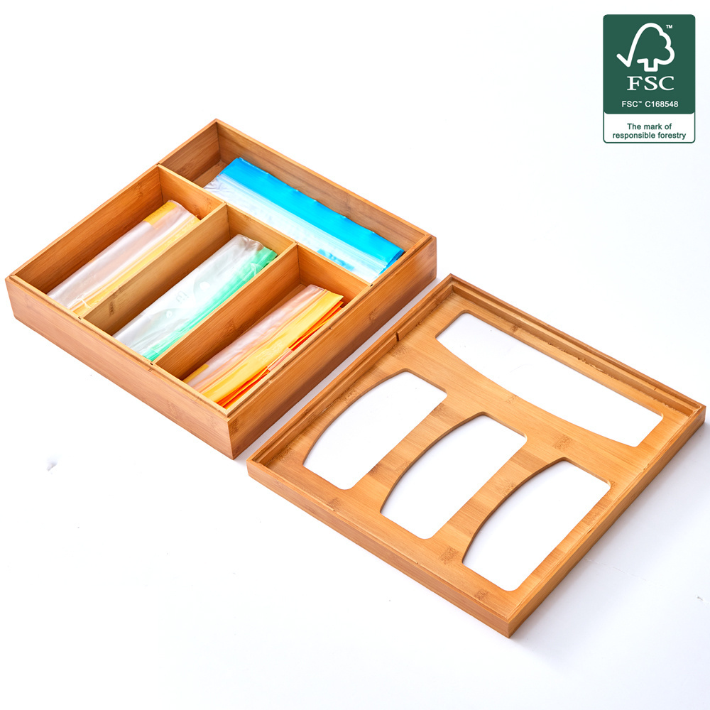 Modern Bamboo Ziplock Bag Dispenser Drawer Organizer Rectangle Kitchen Storage Holders for Various Sizes Injection Technics