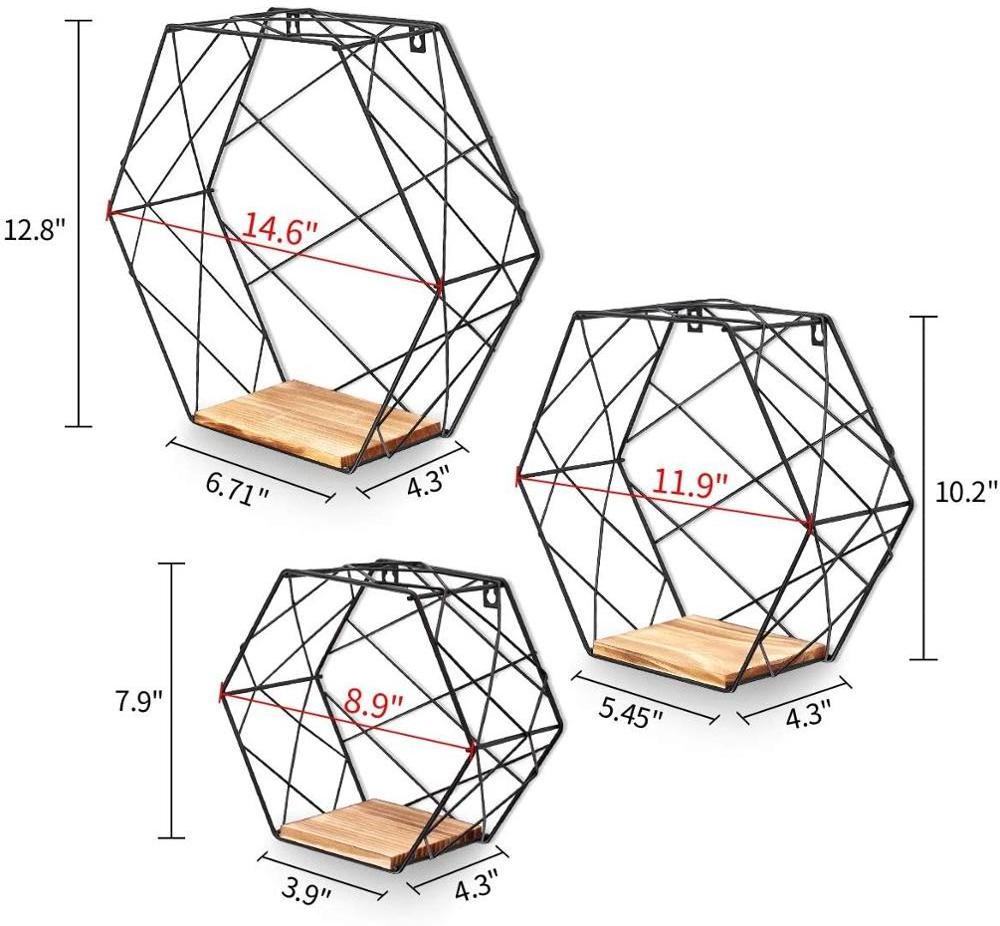 Wall-mounted hexagonal floating shelf storage rack three-piece set for wall, bedroom, living room, bathroom