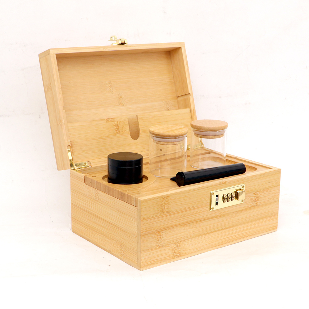 Bamboo Box with Combination Lock Decorative Storage Box with magnet Lid Hash Stash Organizer Box Smell Proof Acacia Container