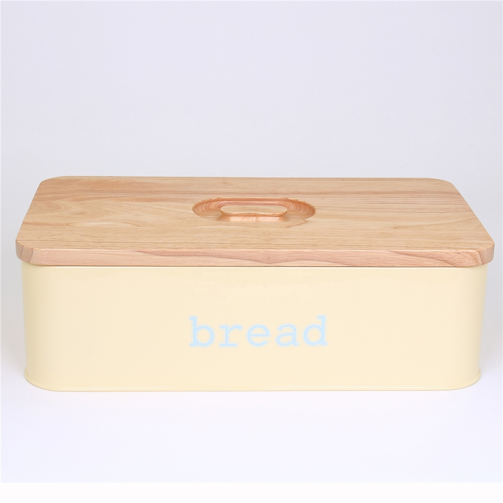 Vintage Metal Kitchen Storage Tin Canister Bread box With Bamboo Lid CNLF