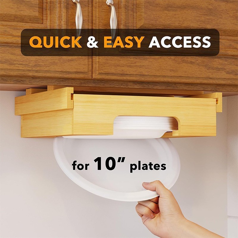 Kitchen Counter Vertical Paper Plate Dispenser Holders Under Cabinet Bamboo Wooden Plates Storage Organizer Rack