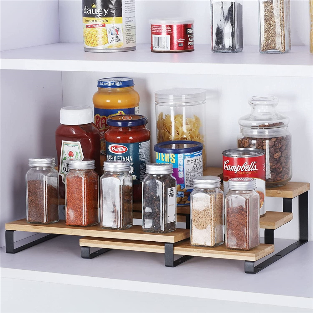 Double-Tier Free-Standing Bamboo Kitchen Cabinet with Countertop Spice Rack Storage Organizer Shelf Standing Type Installation