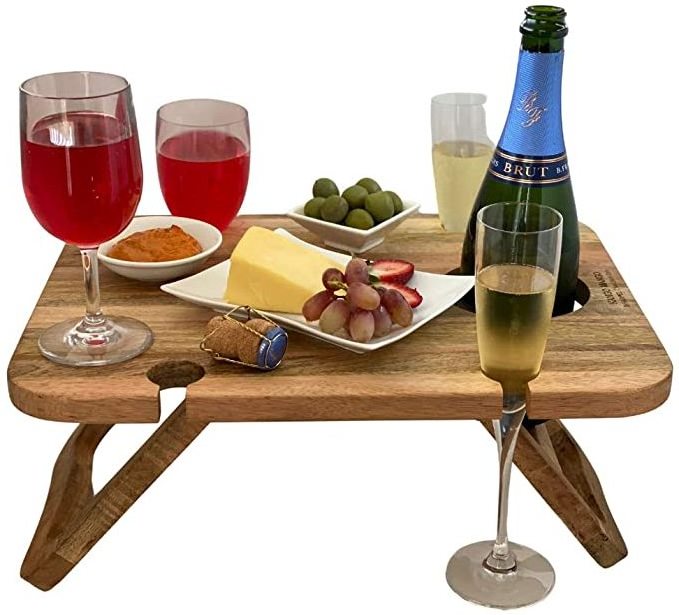 Portable Solid wood Wine and Snack Picnic Outdoors Table Mini Folding Rack Stand Wooden Round Camping Table