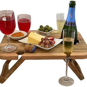 Portable Solid wood Wine and Snack Picnic Outdoors Table Mini Folding Rack Stand Wooden Round Camping Table