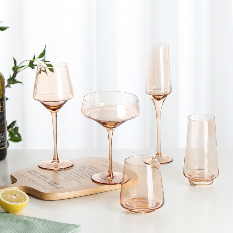 Unique Design Champagne Coupe Goblet Highball Hand Blown Crystal Wine Stemware Colorful Glassware Creative Wedding Glassware Set