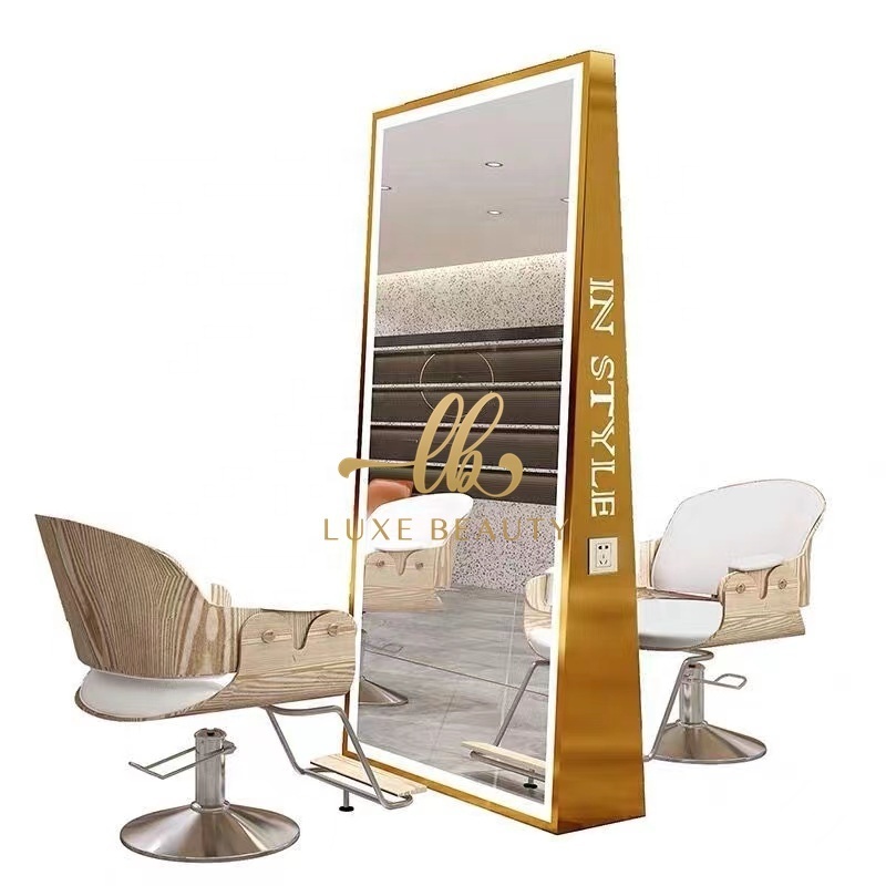 Hair Salon Furniture Set Double Sided Barber Mirror Luxury Styling Hairdressing Floor Mirrors Stations with Lighting LED