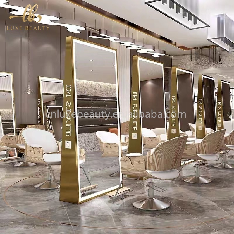 Hair Salon Furniture Set Double Sided Barber Mirror Luxury Styling Hairdressing Floor Mirrors Stations with Lighting LED