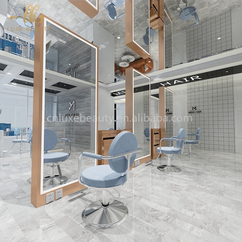 Hair Salon Furniture Set Double Sided Barber Mirror Luxury Styling Hairdressing Floor Mirrors Stations with Lighting LED