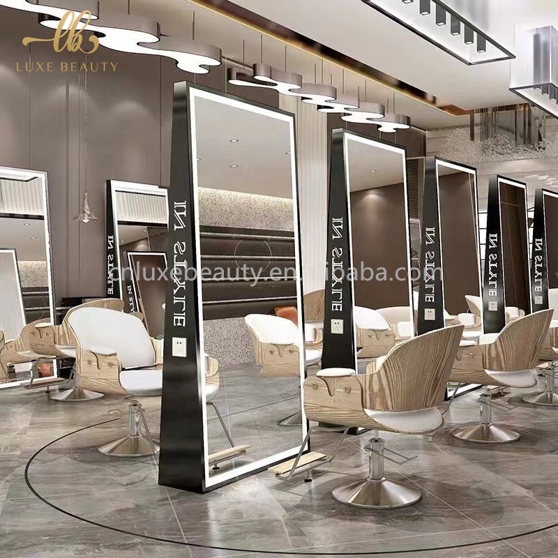 Hair Salon Furniture Set Double Sided Barber Mirror Luxury Styling Hairdressing Floor Mirrors Stations with Lighting LED