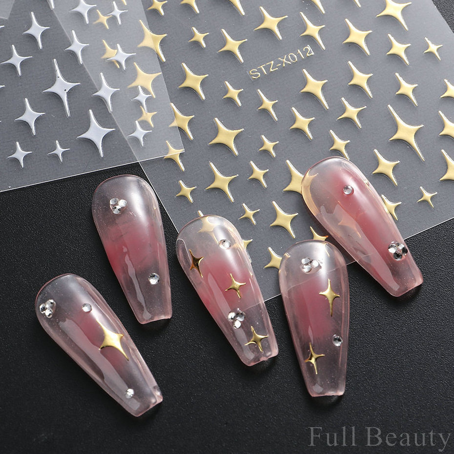 3D Shiny Gold Moon and Star Sticker Hologram Cross Star Design  Nail Glamour Art Stickers Self-Adhesive