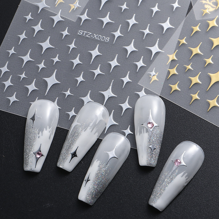 3D Shiny Gold Moon and Star Sticker Hologram Cross Star Design  Nail Glamour Art Stickers Self-Adhesive