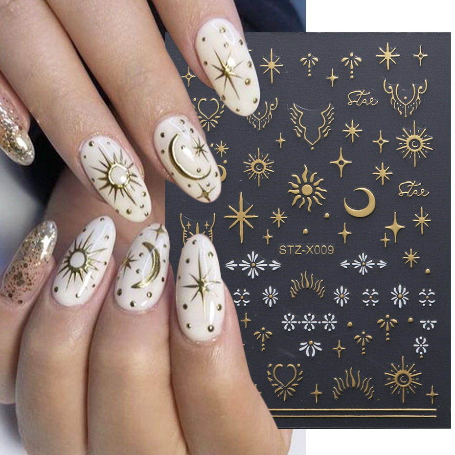 3D Shiny Gold Moon and Star Sticker Hologram Cross Star Design  Nail Glamour Art Stickers Self-Adhesive