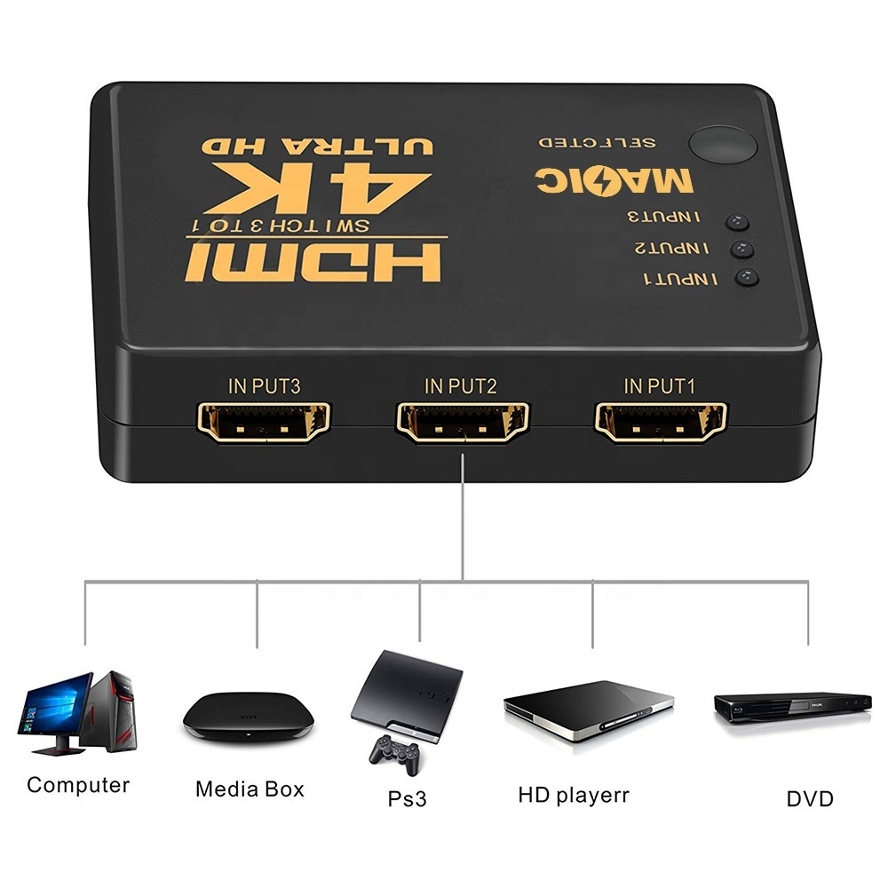 In Stock HDMI Switch 4K High Speed HDMI Splitter 3x1 3 In 1 Out Ultra HD with Remote Controller Infrared Cable HDMI Switcher