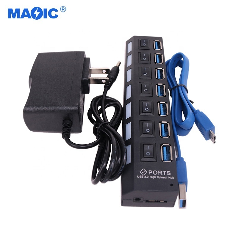 Computer hardware software USB 3.0 2.0 Hub Splitter AC Power Adapter usb hub 7 port With On/Off Switches and LEDs