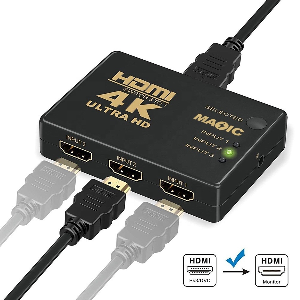 In Stock HDMI Switch 4K High Speed HDMI Splitter 3x1 3 In 1 Out Ultra HD with Remote Controller Infrared Cable HDMI Switcher