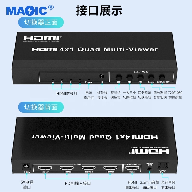 Audio Video Equipment 1080P 60Hz Seamless Switcher 4 in 1 Out HDMI Quad Multi Viewer HDMI Multiviewer 4x1 with IR Remote