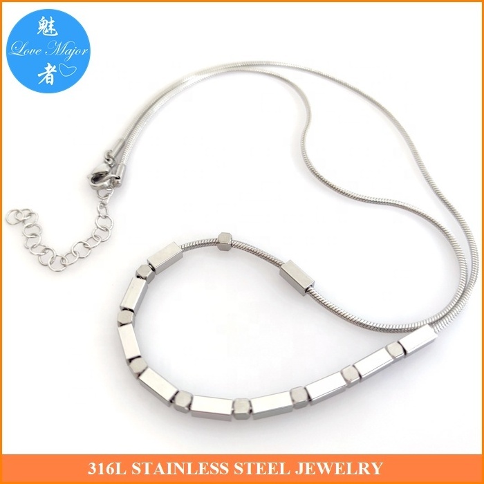 Wholesale Fashion Snake Chain Stainless Steel Jewelry Sweater Necklace With Cubic Beads in Steel Silver Color