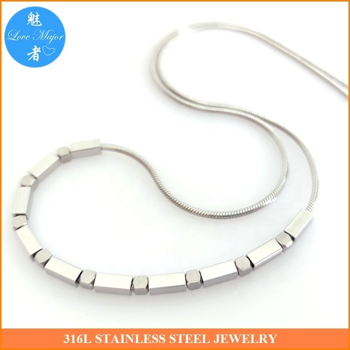 Wholesale Fashion Snake Chain Stainless Steel Jewelry Sweater Necklace With Cubic Beads in Steel Silver Color