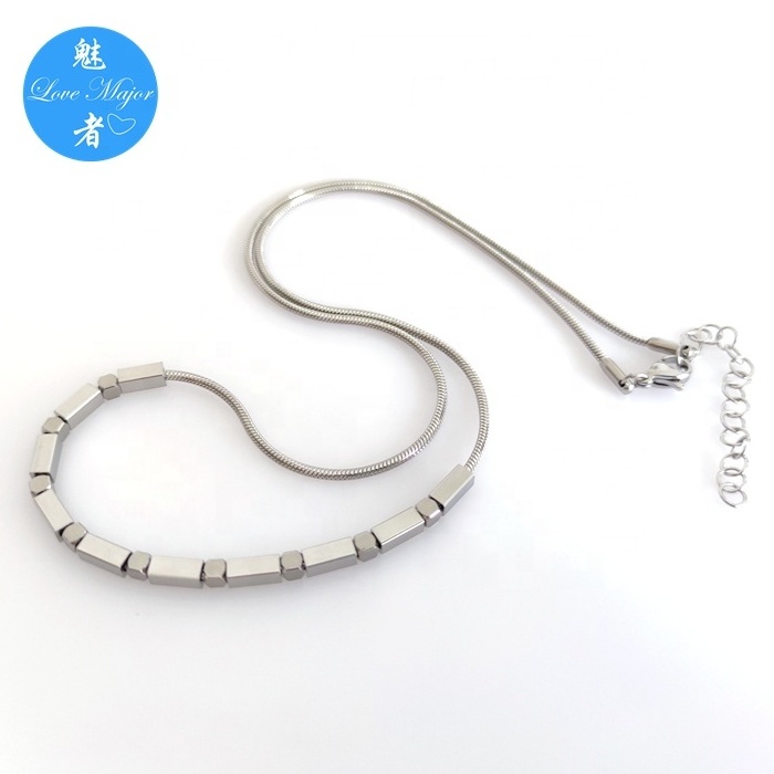 Wholesale Fashion Snake Chain Stainless Steel Jewelry Sweater Necklace With Cubic Beads in Steel Silver Color