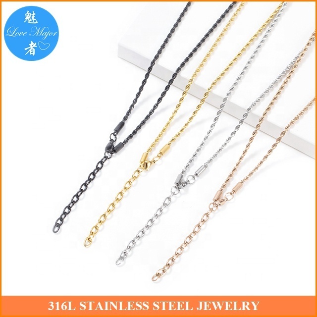 Wholesale Black Plated Stainless Steel Jewelry Rope Chain Necklace Fashion Jewel with Extensions